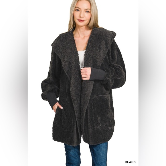 Zenana Hooded Faux Fur Jacket with Pockets - Picture 1 of 3